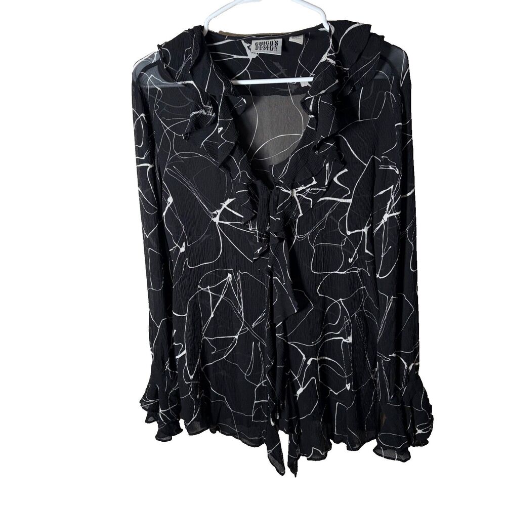 Chico's Design Blouse Women's 1 Medium Black Printed 100% Silk Ruffle Tie